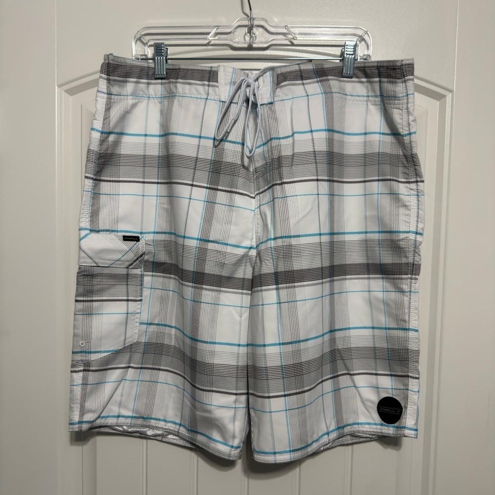O'Neill White and Gray Plaid Men's Board Shorts